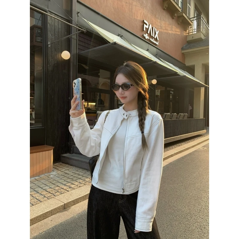 乌77甜酷风白色明线立领牛仔外套女设计感休闲通勤百搭夹克上衣秋