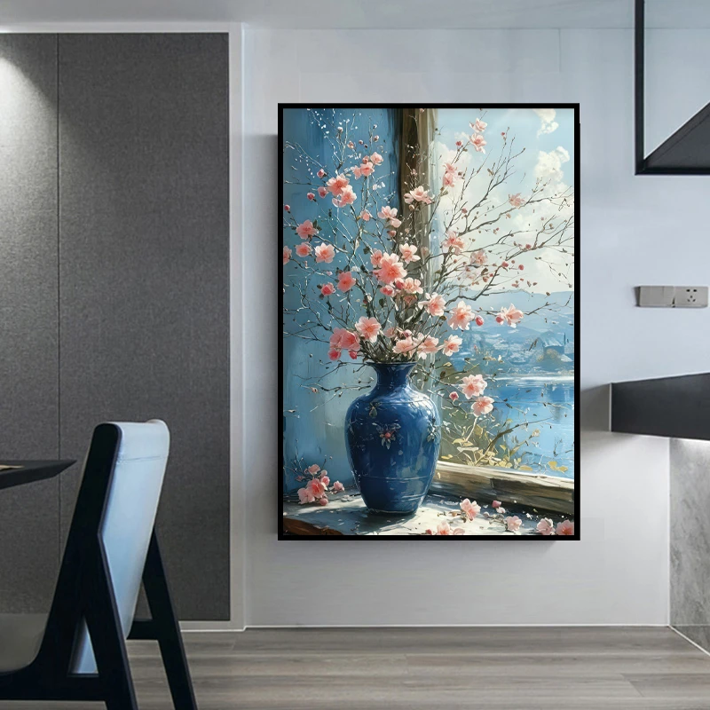 蓝腊梅花瓶装饰画闪亮画餐厅玄关楼梯尽头挂画入户玄关墙画