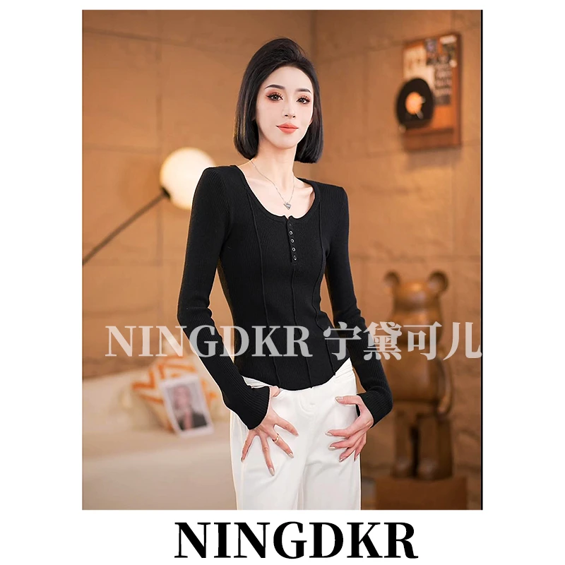 宁B30102高级感气质收腰修身时尚U型领针织小衫女长袖百搭薄款