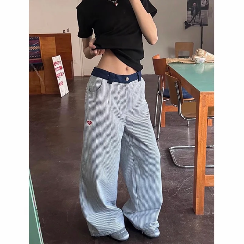 美式复古竖条纹裤子女秋季宽松bf慵懒风阔腿裤刺绣直筒显瘦休闲裤