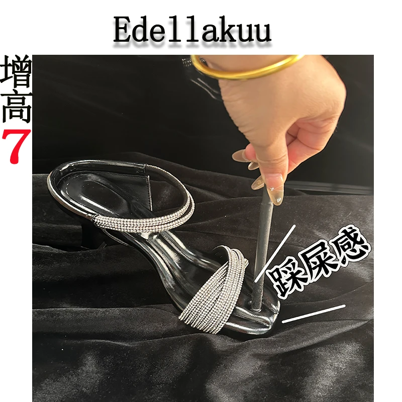 跟高7cm~百搭外穿夏季方头一字凉拖鞋水钻高跟外穿度假踩云朵凉鞋