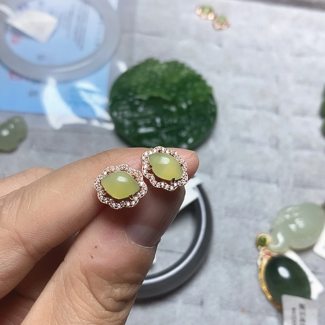 和田玉耳饰银S925镶嵌