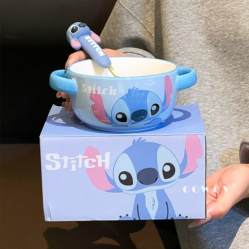 史迪仔双耳陶瓷饭碗带勺2025新款儿童宝宝辅食碗个人专用可爱餐具