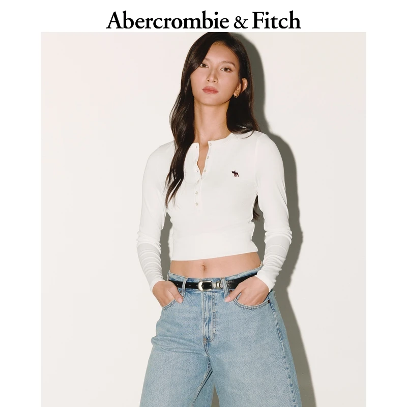 AF女装25秋季新款美式经典小麋鹿图案亨利领长袖T恤139-5848