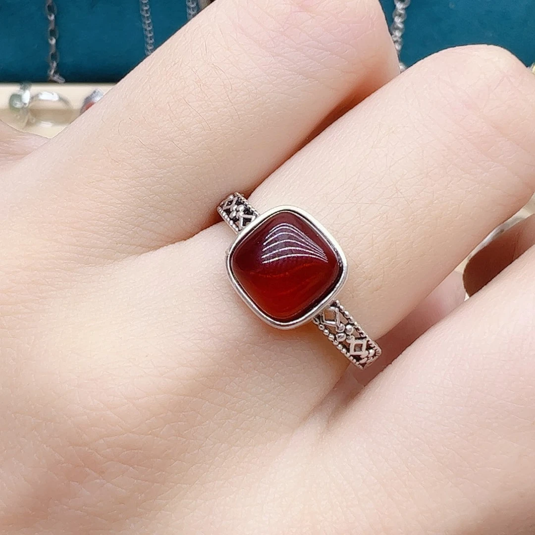 血珀戒指银S925镶嵌天然