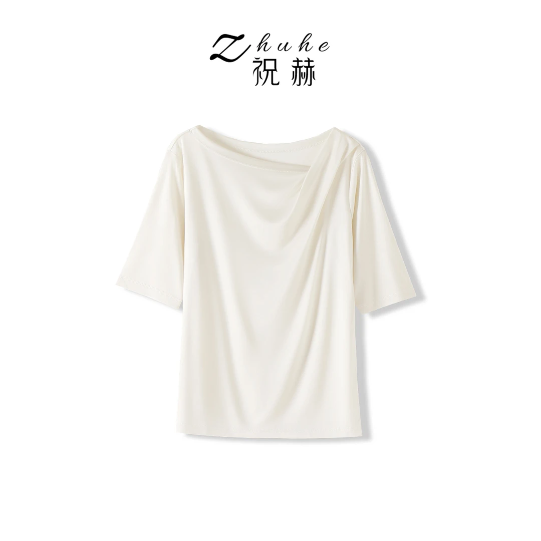 【细说定制】气质高级感醋酸轻薄显瘦荡领新款T恤-5XS2245