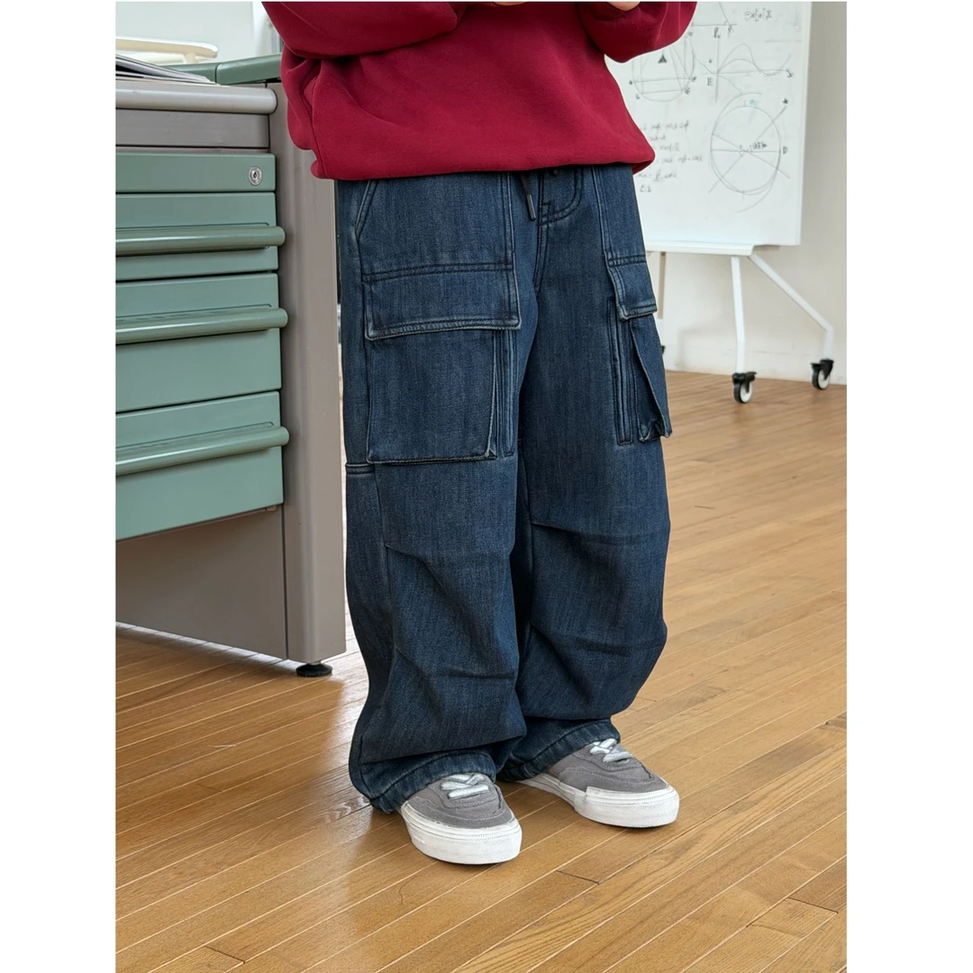 Mast亲子装2025秋冬新款加绒工装牛仔裤青少年男女童百搭裤子宽松