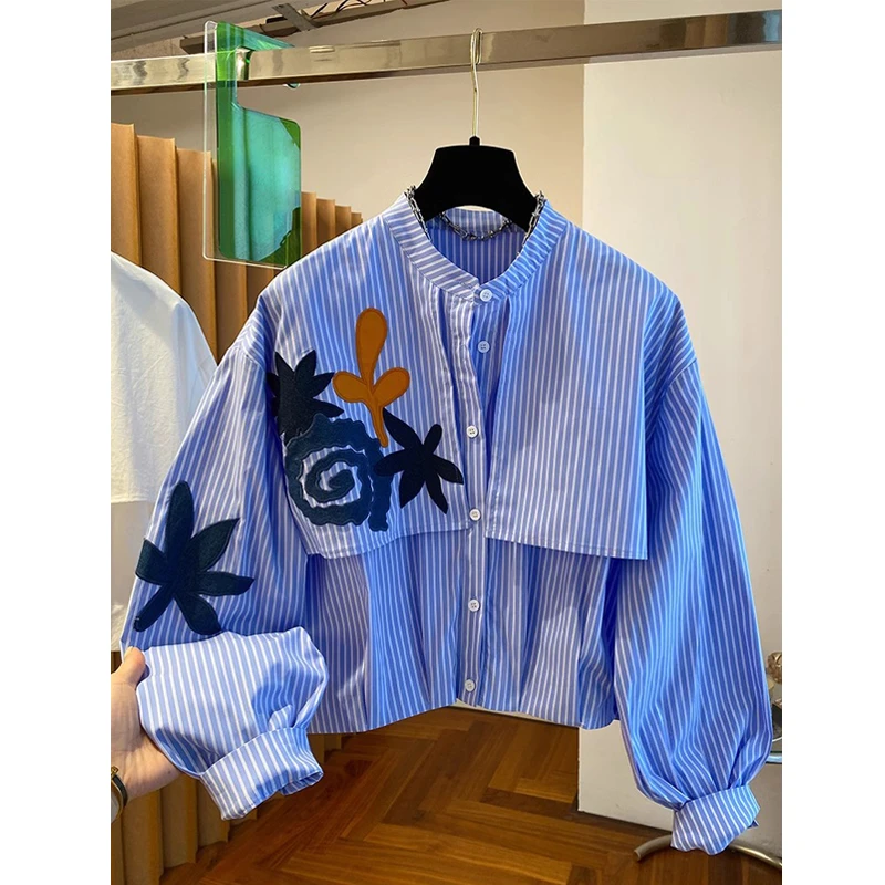 【衬衫】设计感小众蓝色条纹衬衫女2025新款宽松短款上衣Z6280