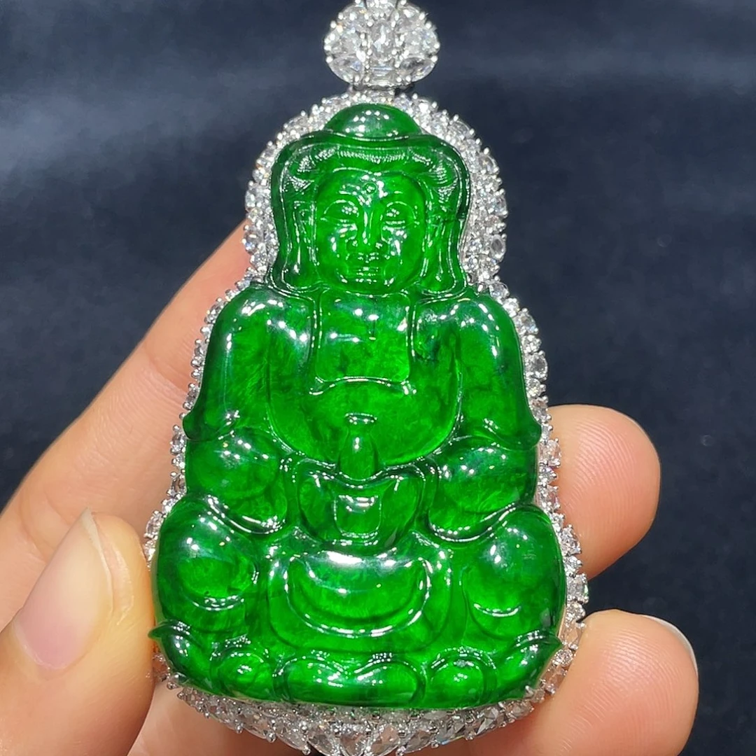 翡翠吊坠(不含链)18K金镶嵌观音吊坠