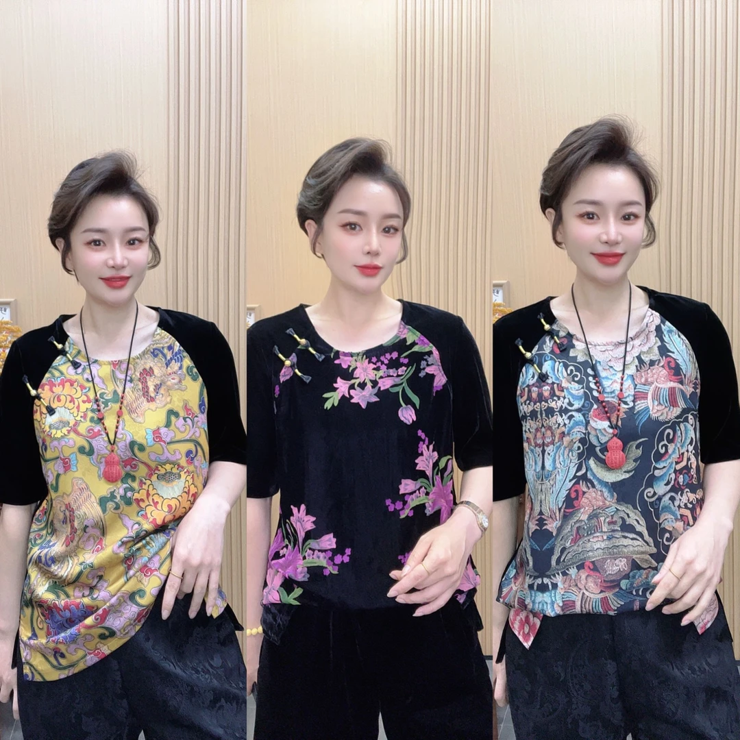 春季拼接欧若风盘扣T恤圆领设计63CM上下两侧开叉