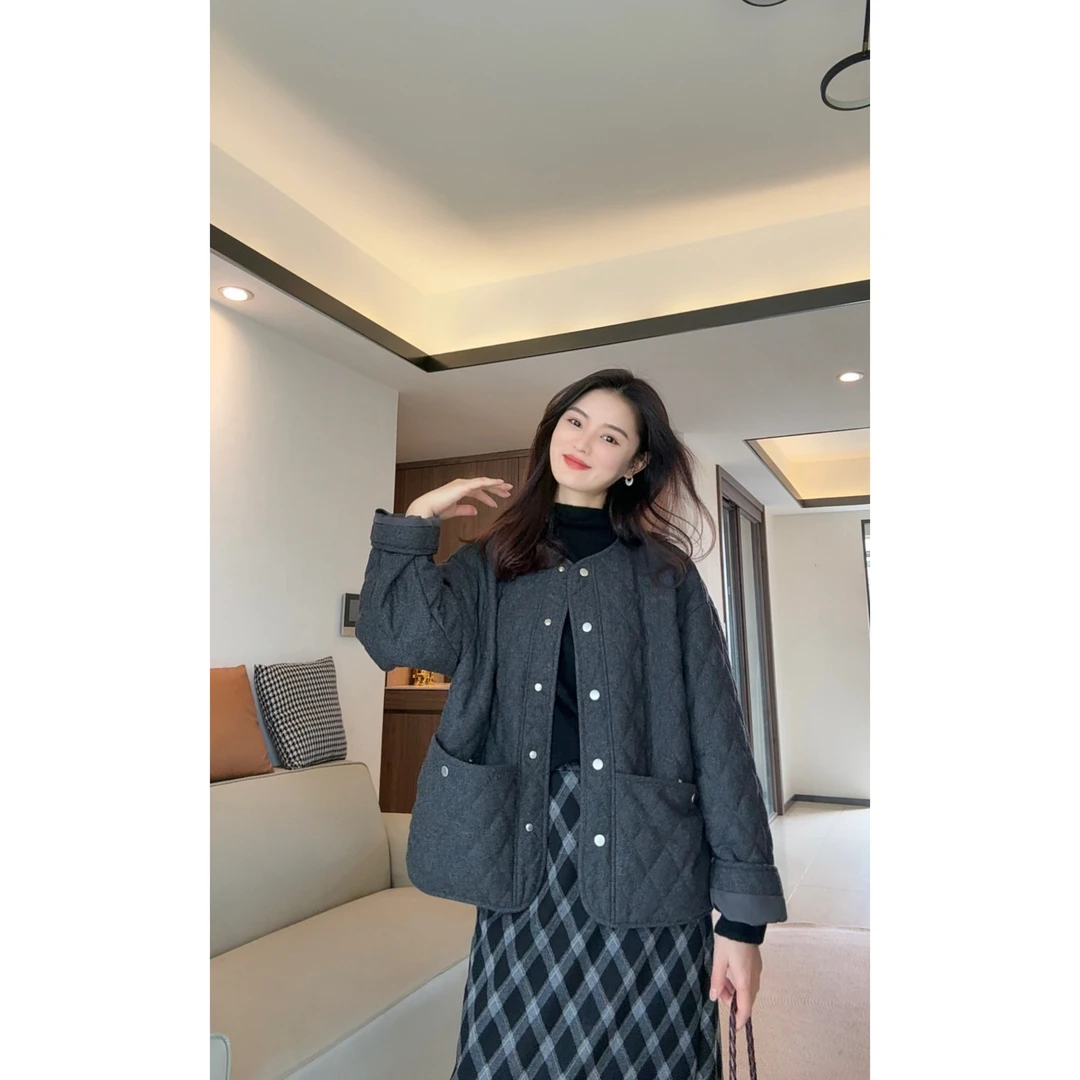 菱格棉服  秋冬新款韩版拼接宽松圆领薄款洋气菱格小香风棉服