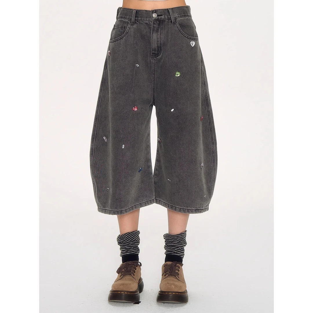 NECY 原创缝钻设计七分弯刀裤夏季宽松直筒阔腿裤水洗做旧牛仔裤