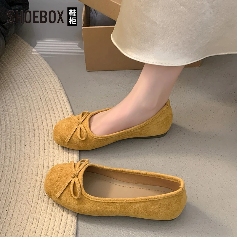 SHOEBOX鞋柜方头浅口黄色芭蕾鞋女夏季2025新款平底女鞋豆豆瓢鞋