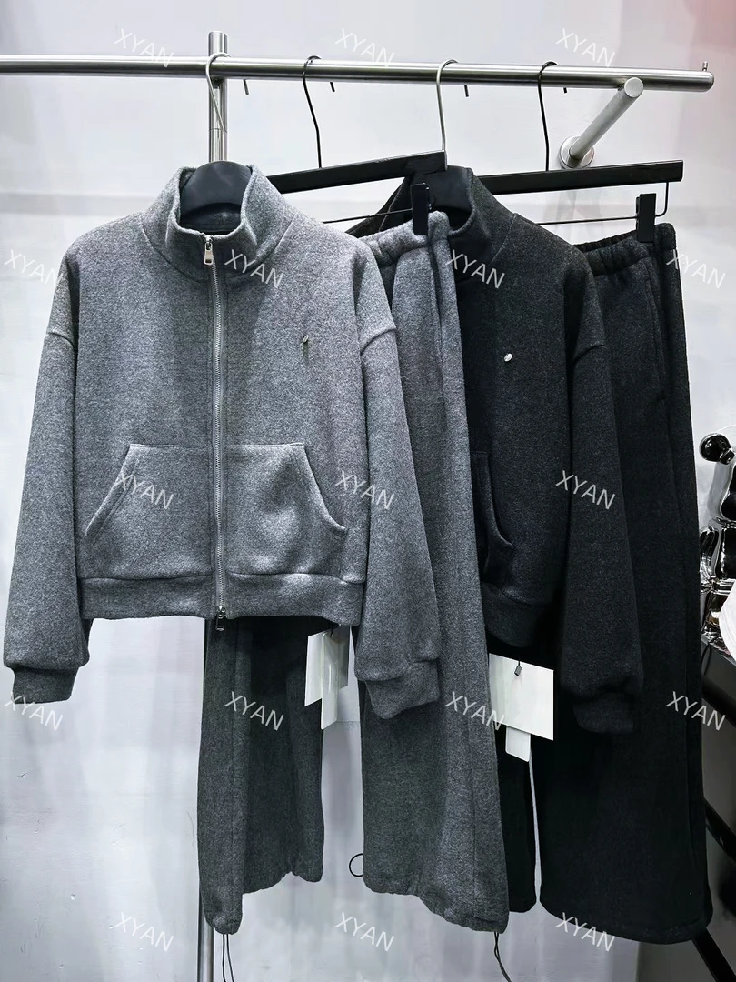 【暗香疏影】冬季新款慵懒显瘦加厚卫衣外套+松紧腰阔腿裤套装