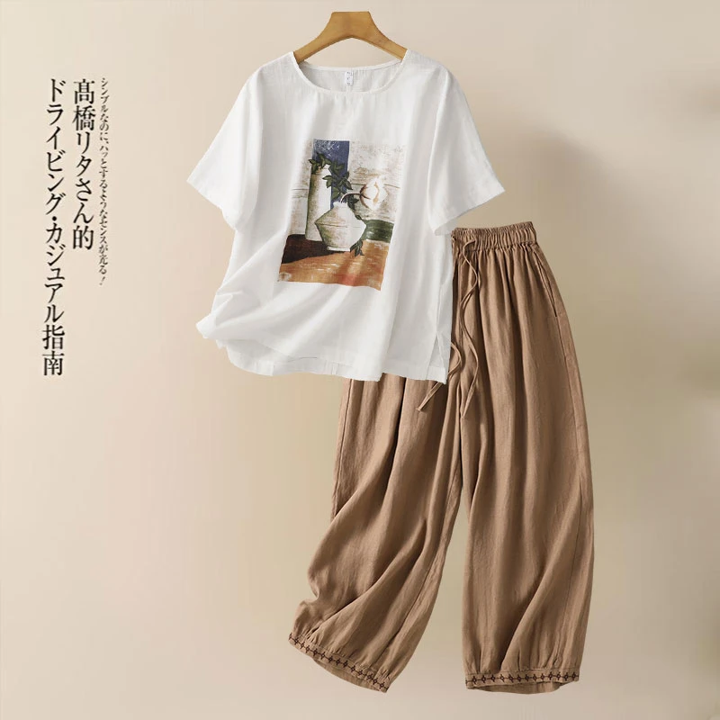 白色复古印花亚麻上衣松遮肉显瘦麻料休闲短袖T恤衫加九分哈伦裤