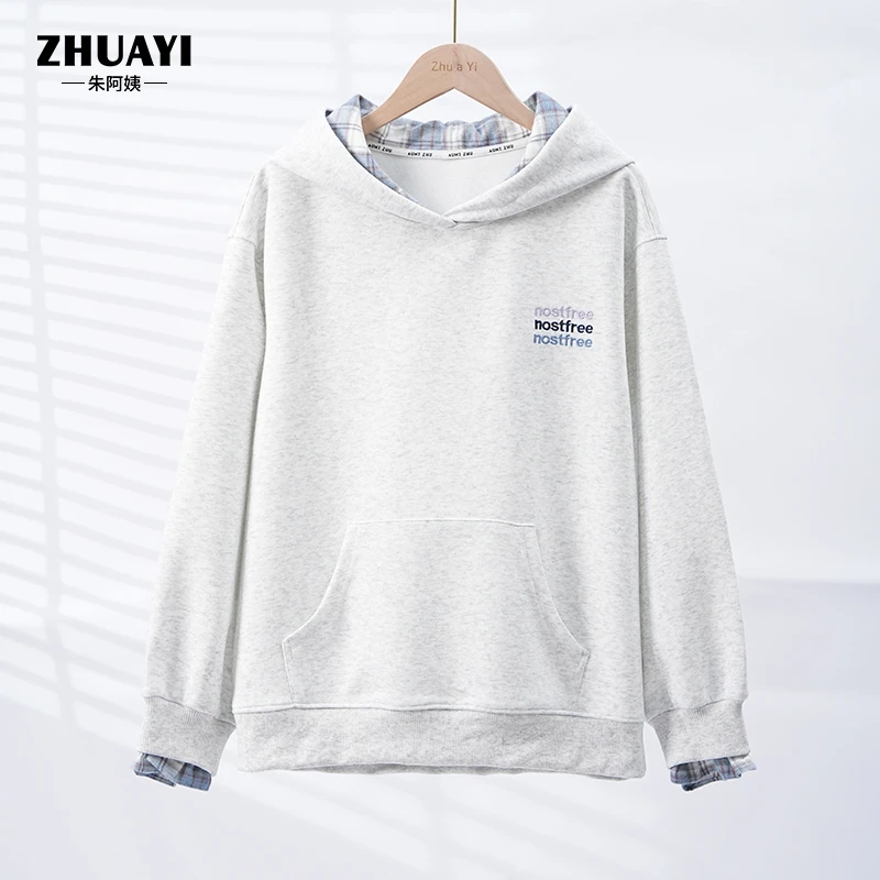 朱阿姨2025春季新品格纹连帽卫衣假两件运动宽松套头长袖