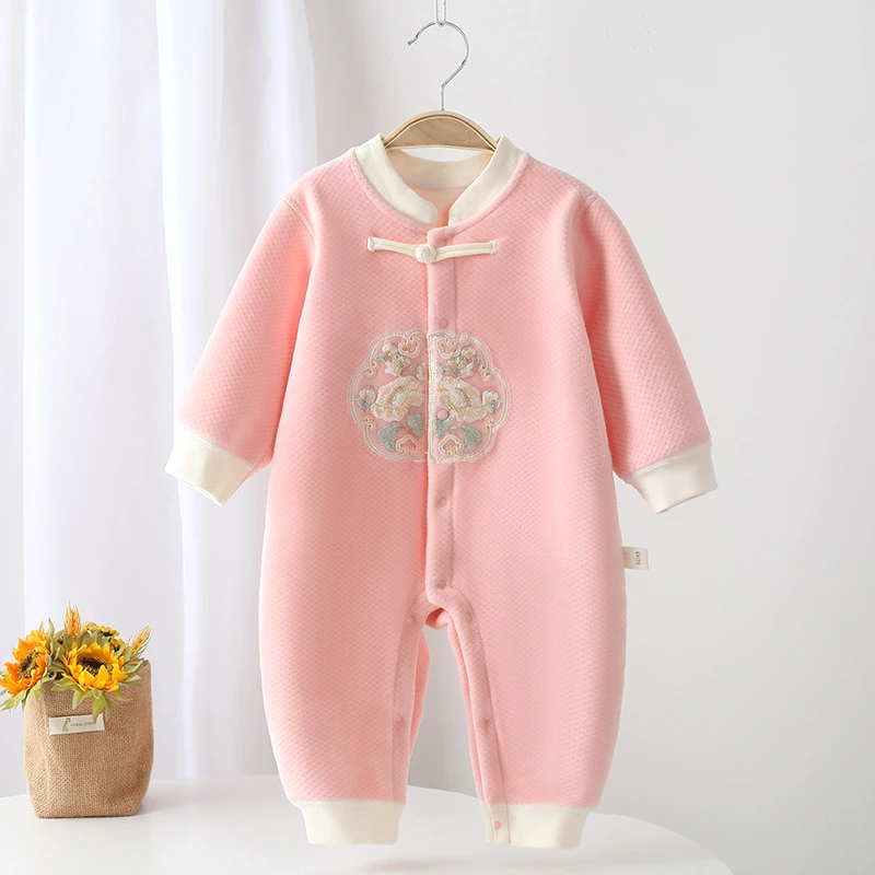 冬季新款婴儿连体衣新生儿无骨哈衣宝宝中国风加绒连身衣保暖爬服