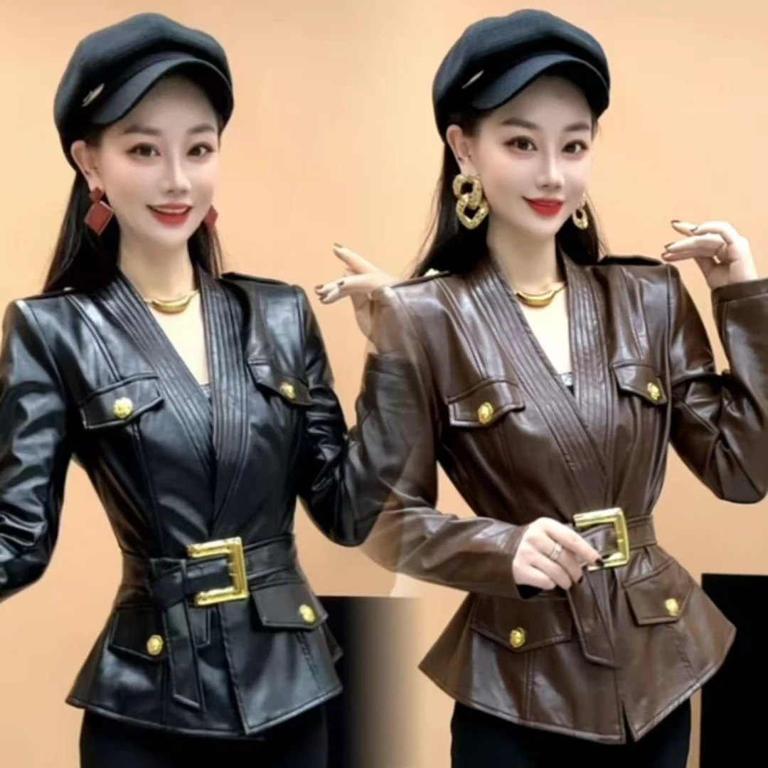 （配腰带）秋季时尚显瘦收腰气质设计感皮衣外套