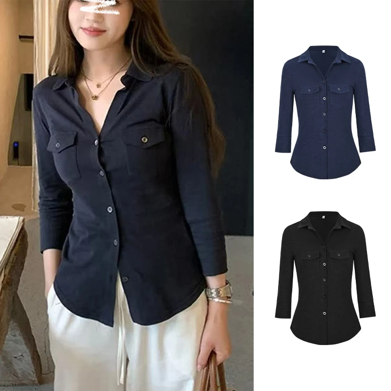 Moses Queen/魔西女王韩版设计感翻领长袖衬衫女收腰显瘦时尚开衫