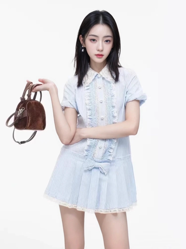 YOYO高定no退no换小清新蓝白条纹蕾丝刺绣花边拼接娃娃领连衣裙