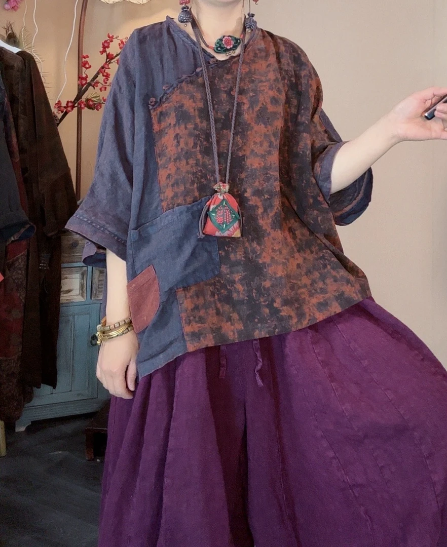 【语禾】3111砂洗亚麻炒色拼色宽松盘扣大版小衫（衣长60胸围140）