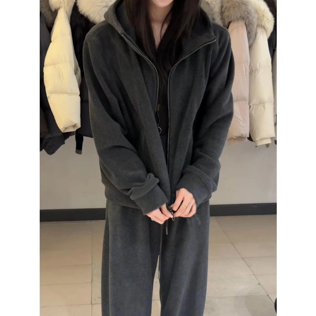 休闲时尚套装女冬季新款韩系深灰色连帽拉链卫衣外套阔腿裤两件套