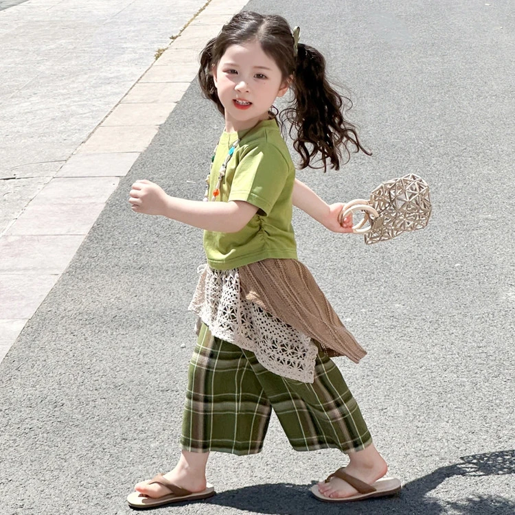 女童夏季套装2025新款儿童短袖两件套女宝宝韩版波西米亚格子裤潮