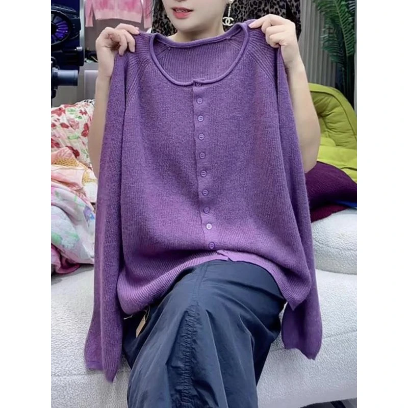 2-300斤胖mm大码女装2025年秋冬新针织长袖洋气紫色圆领百搭上衣