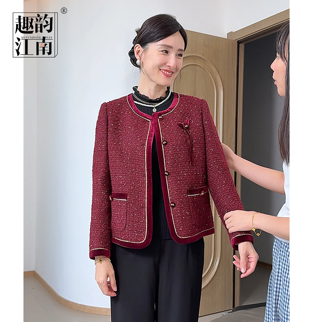 趣韵江南妈妈装秋装复古小香风外套中老年女时尚红色喜宴上衣