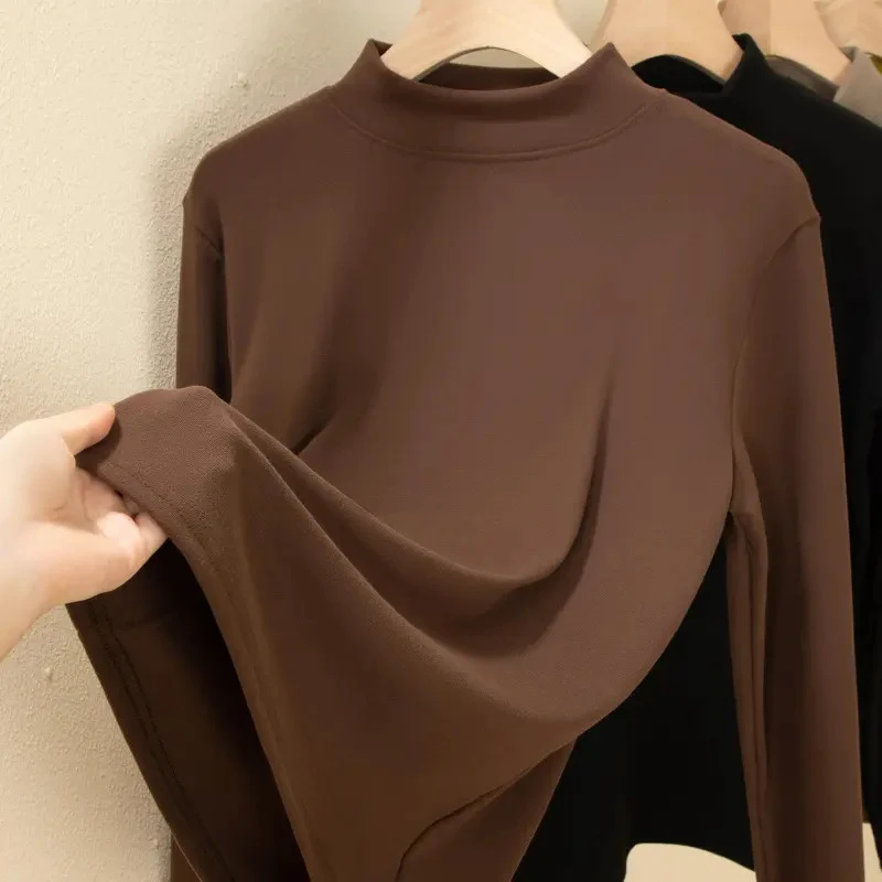 双面德绒保暖打底衫女秋冬季韩版新款半高领内搭高级感修身上衣潮
