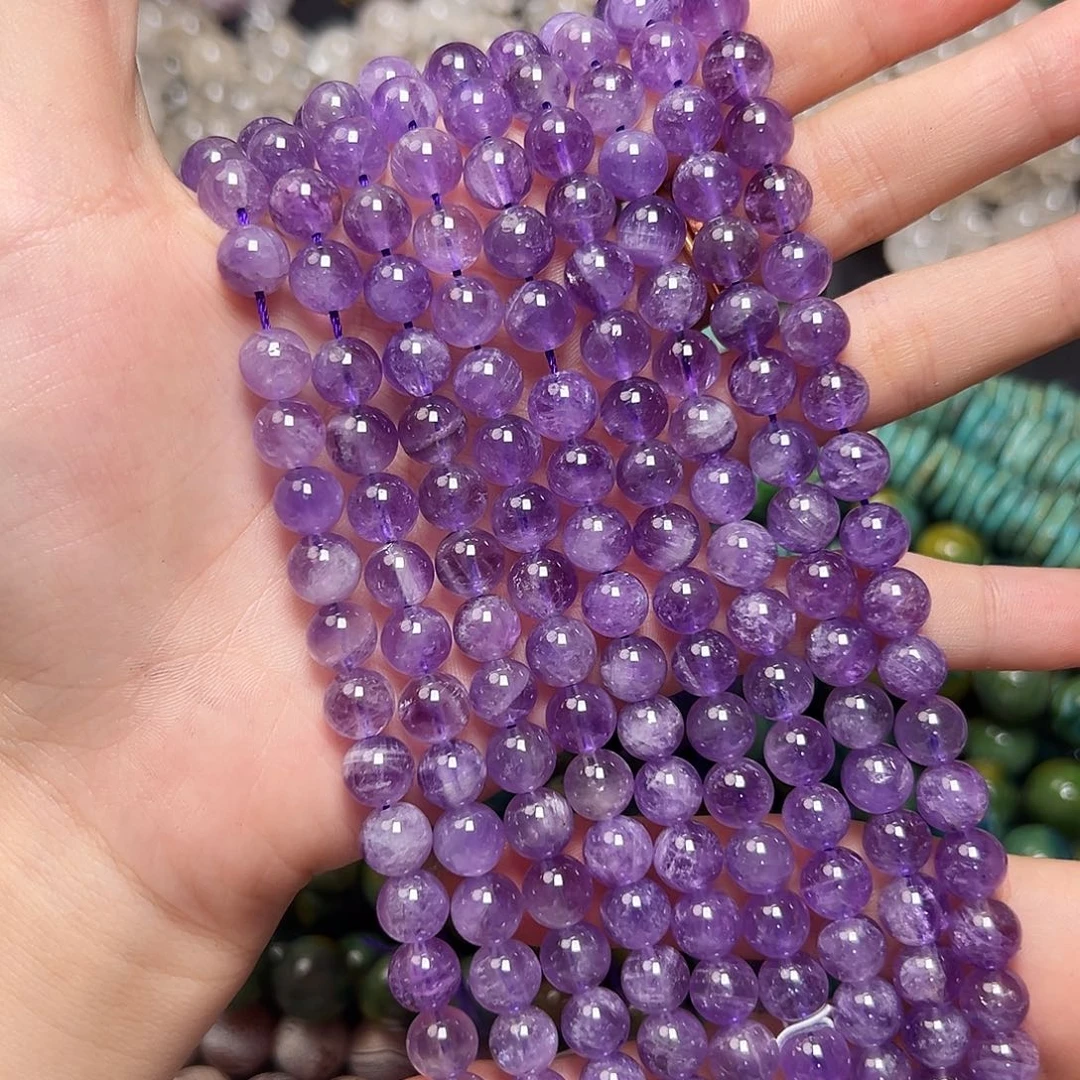 玛瑙/玉髓足银镶嵌珠宝半成品M54。8m天然乌拉圭紫水晶圆珠一条