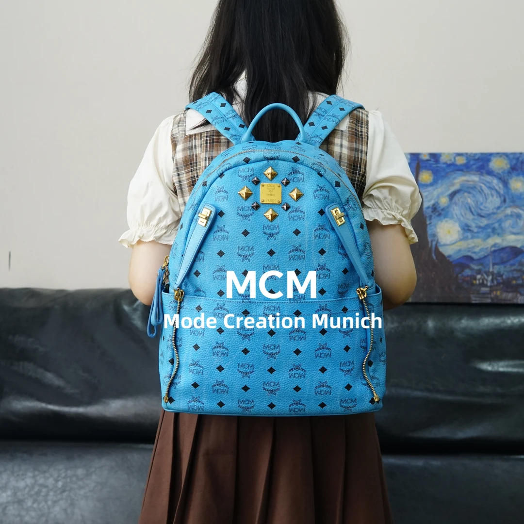 95新 MCM 蓝色双肩包/FYWJ05509044/9044