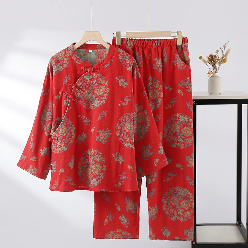 新中式国风女睡衣宽松透气家居服春秋款家居服套装中国风九分袖