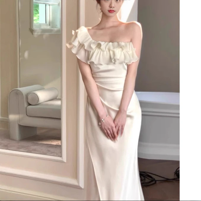 时刻呼吸决定纯欲风缎面鱼尾连衣裙一裙多穿高级晚礼长裙