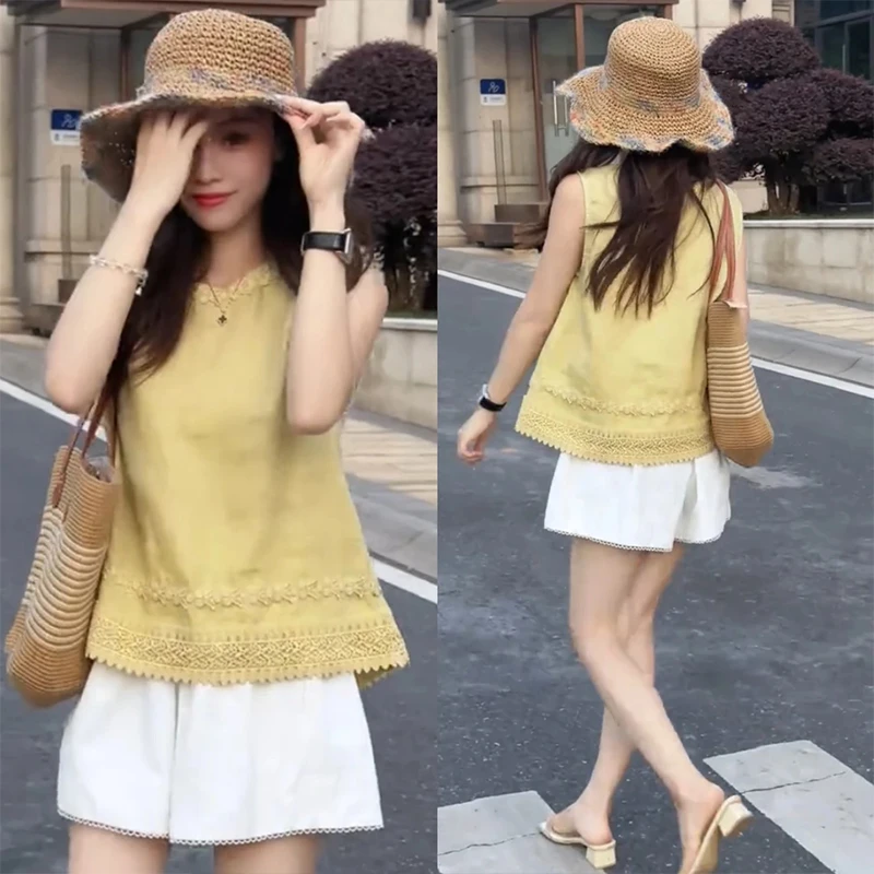 夏季气质穿搭女2025新款韩版百搭无袖衬衫上衣显瘦阔腿短裤两件套