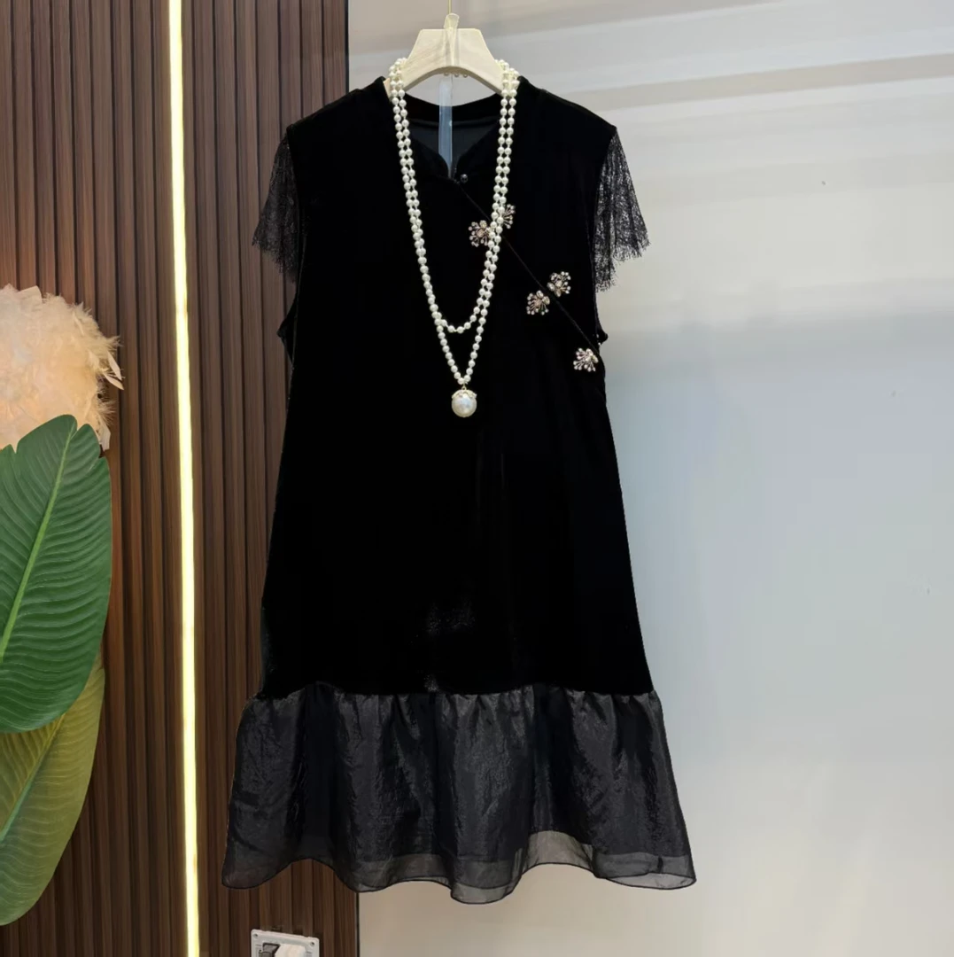 欧洲站新款拼接蕾丝短袖连衣裙女气质显瘦遮肉拼接鱼尾裙女25606