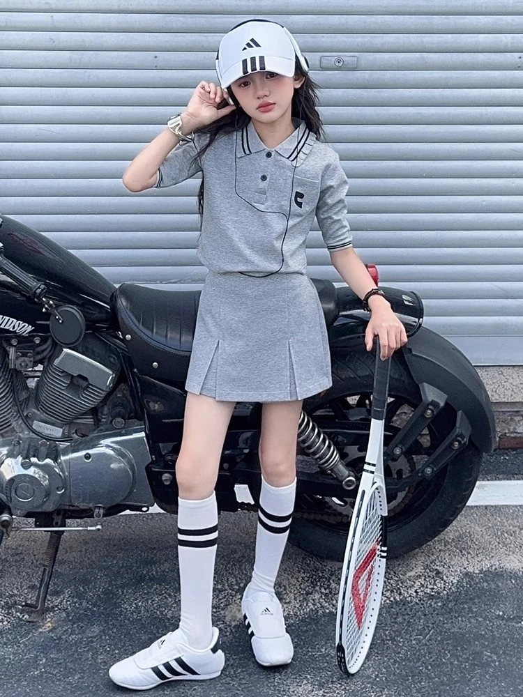 休闲运动套装女童2025夏季韩版新款中大童时尚短袖T恤裤裙两件套
