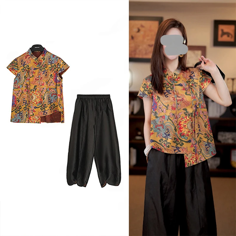新中式改良套装女盘扣趣味上衣大方得体穿搭一整套新款简约阔腿裤