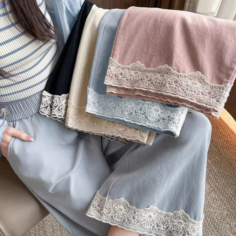 孕妇裤子春夏高腰抽绳蕾丝花边拼接小个子阔腿裤宽松显瘦直筒长裤