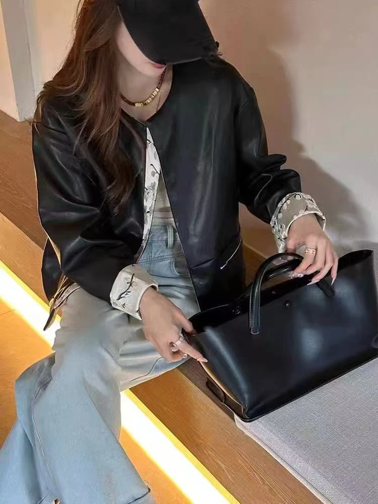 新中式国风提花拼接皮衣外套女欧货宽松气质复古上衣短款时尚休闲