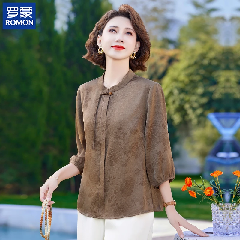 罗蒙妈妈秋装新中式圆领上衣新款国风印花长袖中老年女装气质小衫