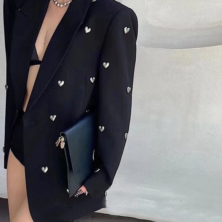 2025春秋新款黑色重工镶钻西装外套女高级设计感小众炸街气质西服