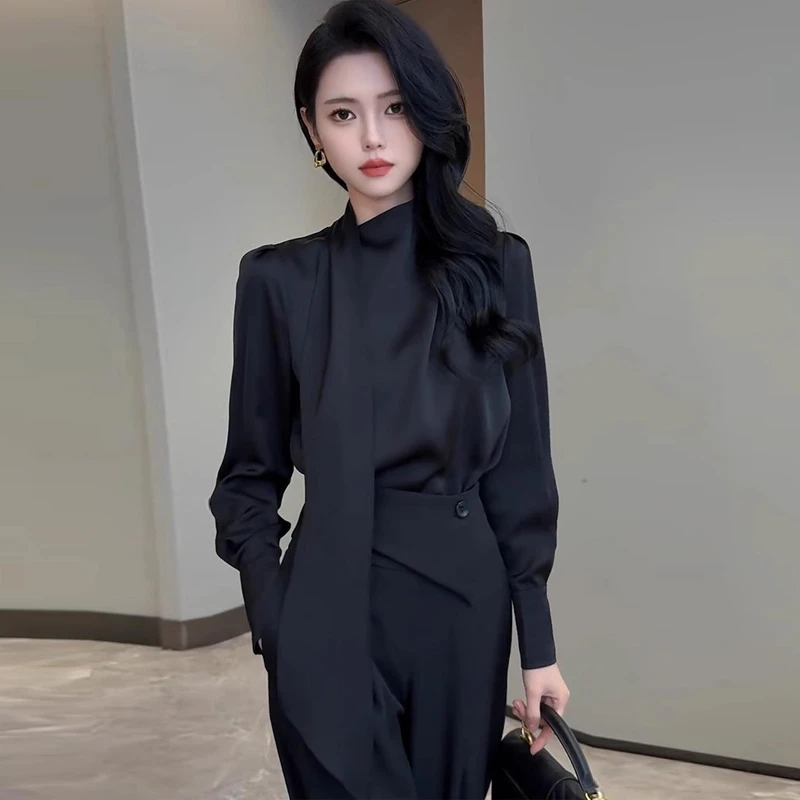 法式飘带缎面衬衫女2025新款春秋长袖垂感轻奢高级感减龄洋气上衣