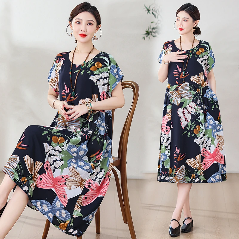 夏装印花显瘦休闲短袖裙睡裙遮肚长裙显瘦连衣裙夏季裙子连衣裙女