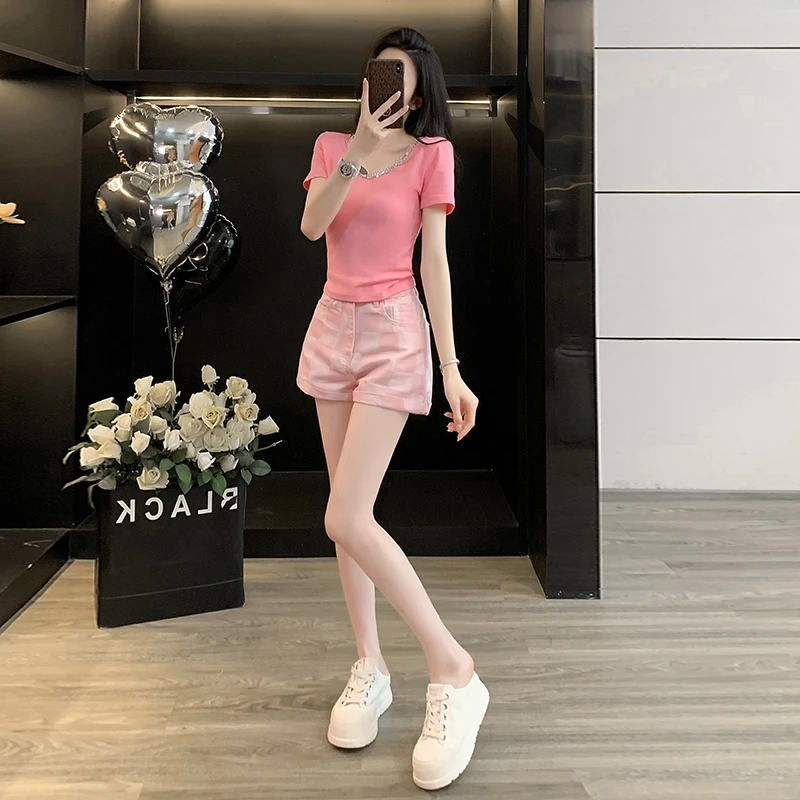 正肩短袖t恤女短款夏季粉色修身上衣半袖多巴胺牛仔短裤辣妹热裤