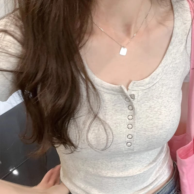 美式复古U领灰色正肩T恤女夏紧身辣妹短袖体恤显瘦露脐锁骨短上衣