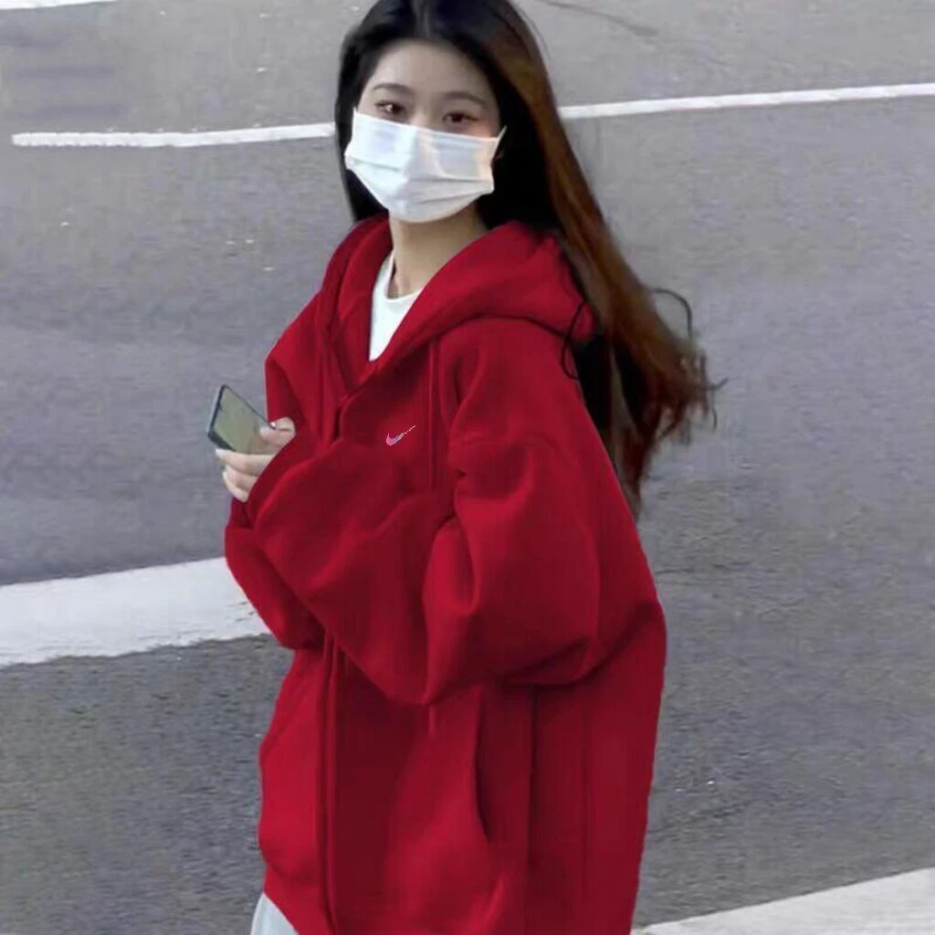 中国红正红色秋冬时尚百搭宽松休闲银狐绒保暖加绒厚连帽开衫外套