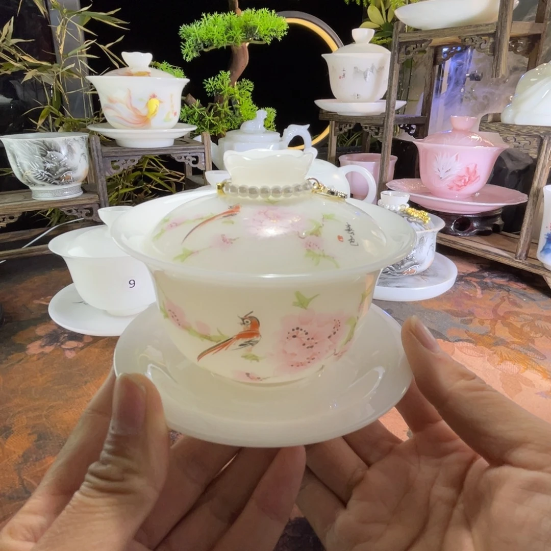 璞玉釉烧满园春色三才元宝