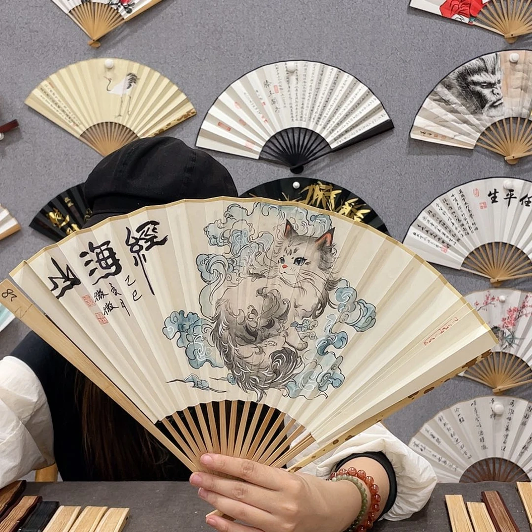 国画95寸梅妃纯手绘-文玩扇骨（默认粘好）