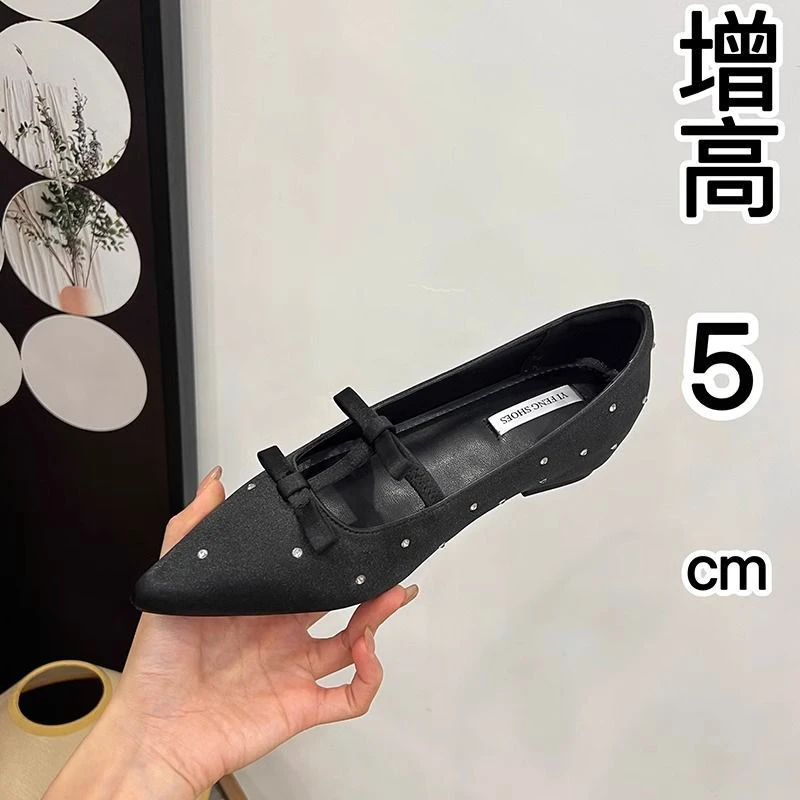 增高尖头水钻缎面玛丽珍女鞋2025年春季百搭浅口仙女风蝴蝶结单鞋